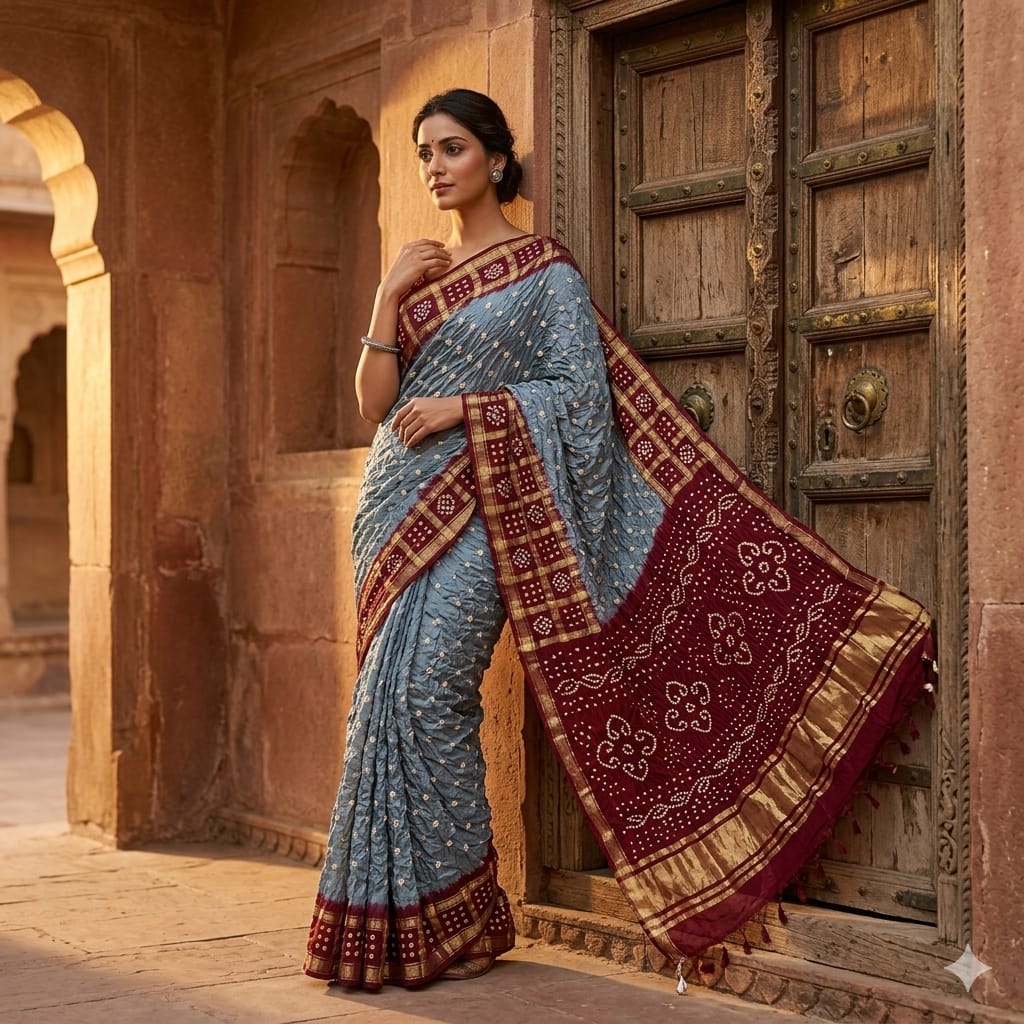 Ash grey Bandhej with Ghatchola Border