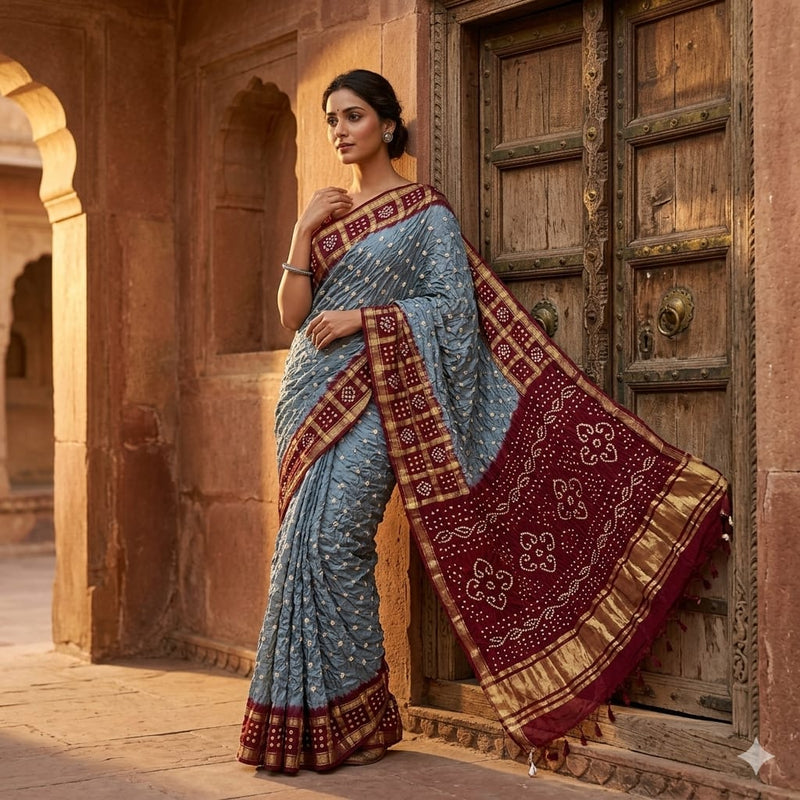 Ash grey Bandhej with Ghatchola Border